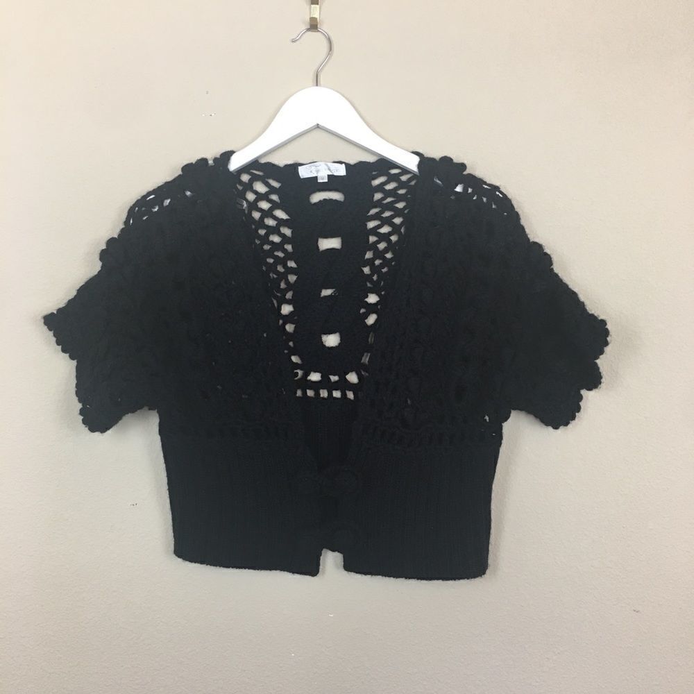 Vintage Black Knit Crochet Crop Sweater Size M Cottagecore Y2K Grandma Cozy